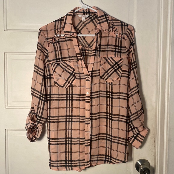 Candies sheer pink flannel button up - Picture 1 of 6